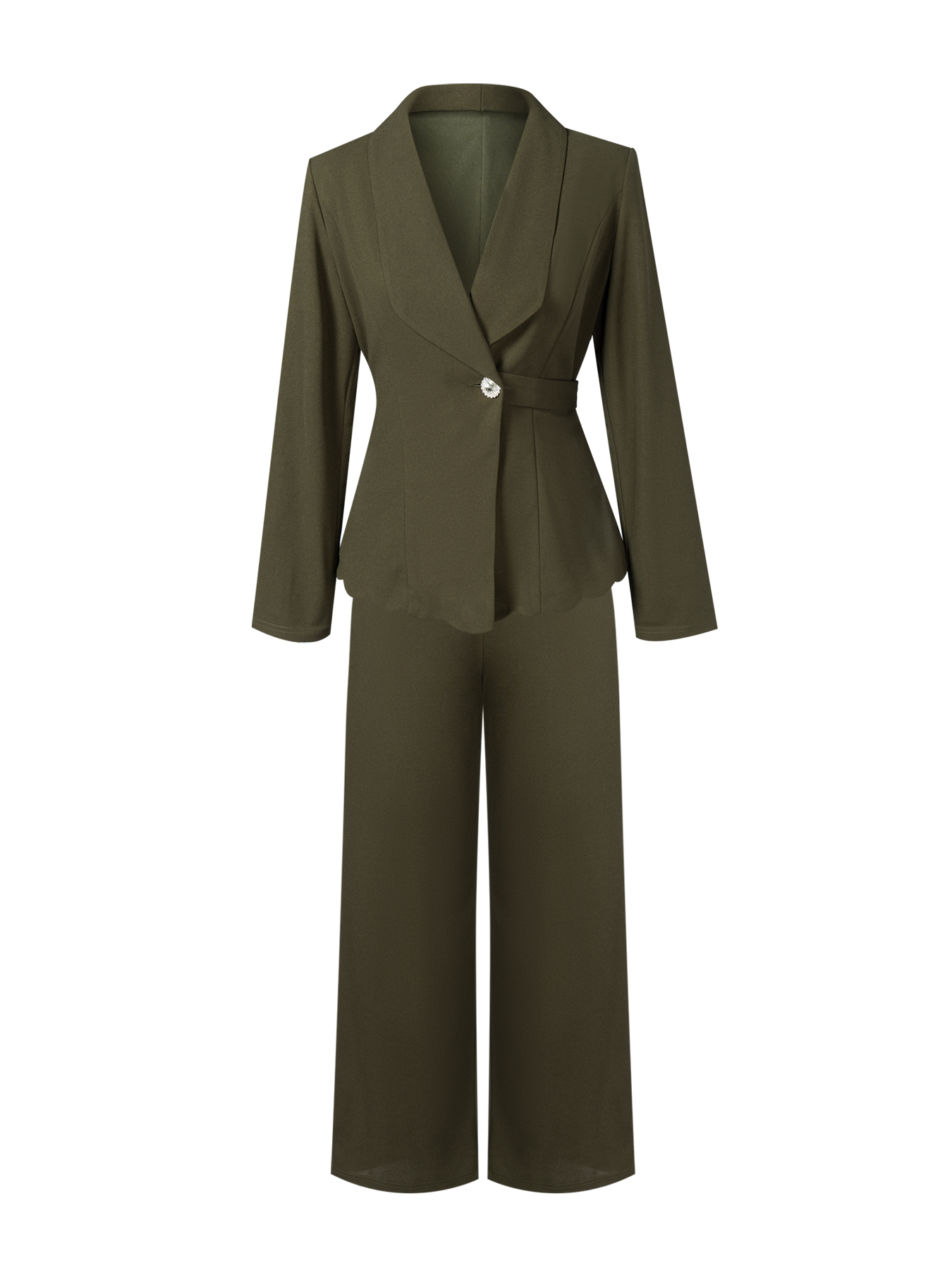 Office Elegant Wave Hem Waist-Cinched Blazer Set : Single Button Lapel Jacket & Wide-Leg Pants Two-Piece