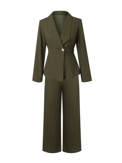 Office Elegant Wave Hem Waist-Cinched Blazer Set : Single Button Lapel Jacket & Wide-Leg Pants Two-Piece