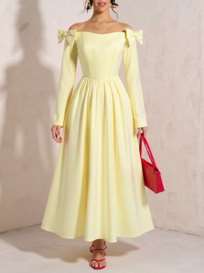 Yellow single-shoulder butterfly-tied dress Long-sleeved, waist-length, wide-waisted dress