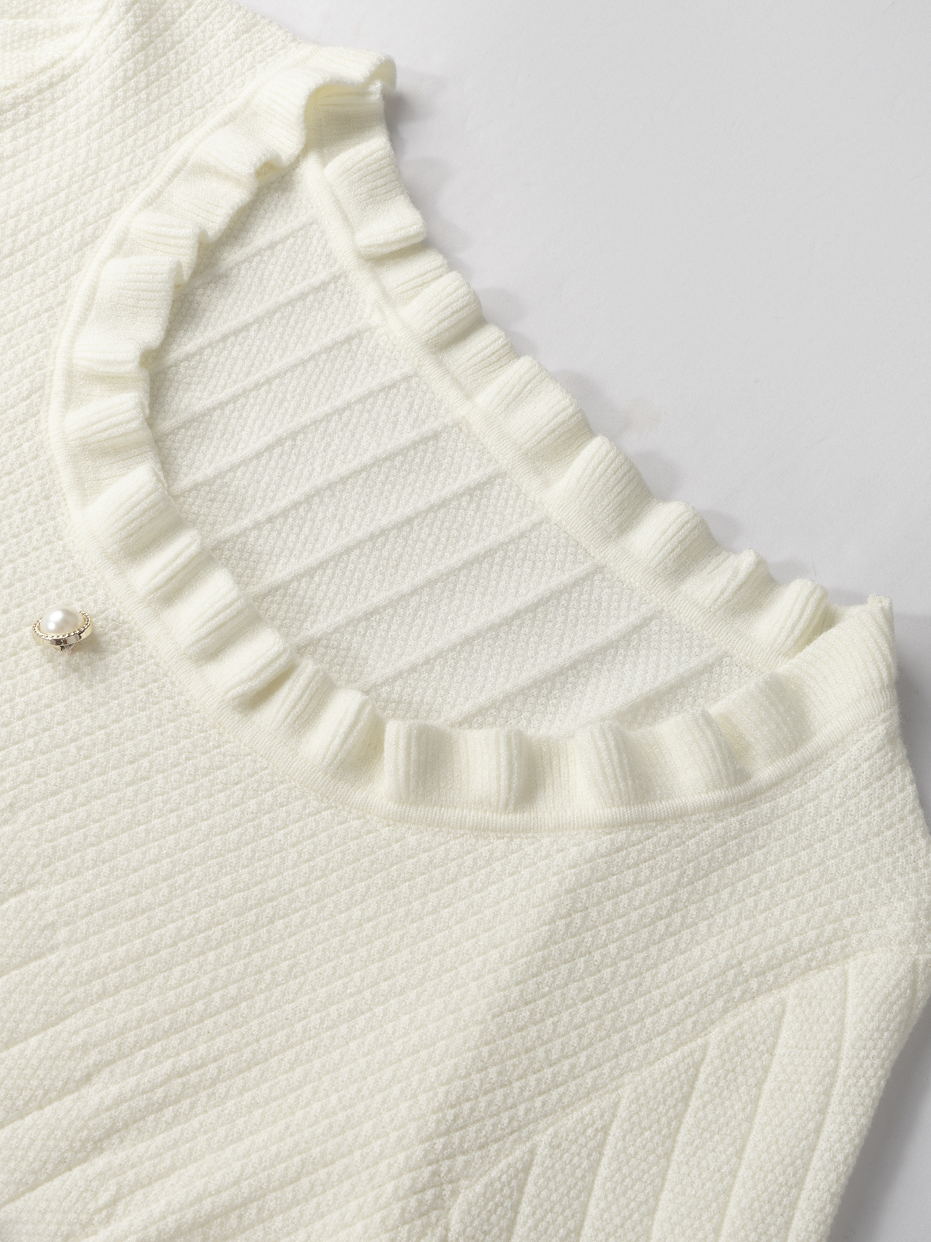 Woman's White Ruffled Square Neck Ribbed Knit Top with Pearl Buttons-Aegean-sea