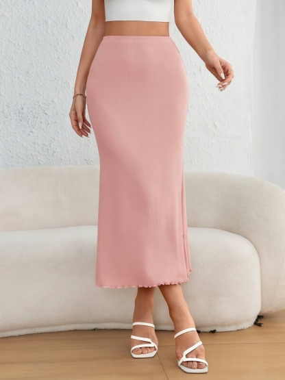 Woman's Pink Ribbed Knit Mermaid Midi Skirt-Aegean-sea