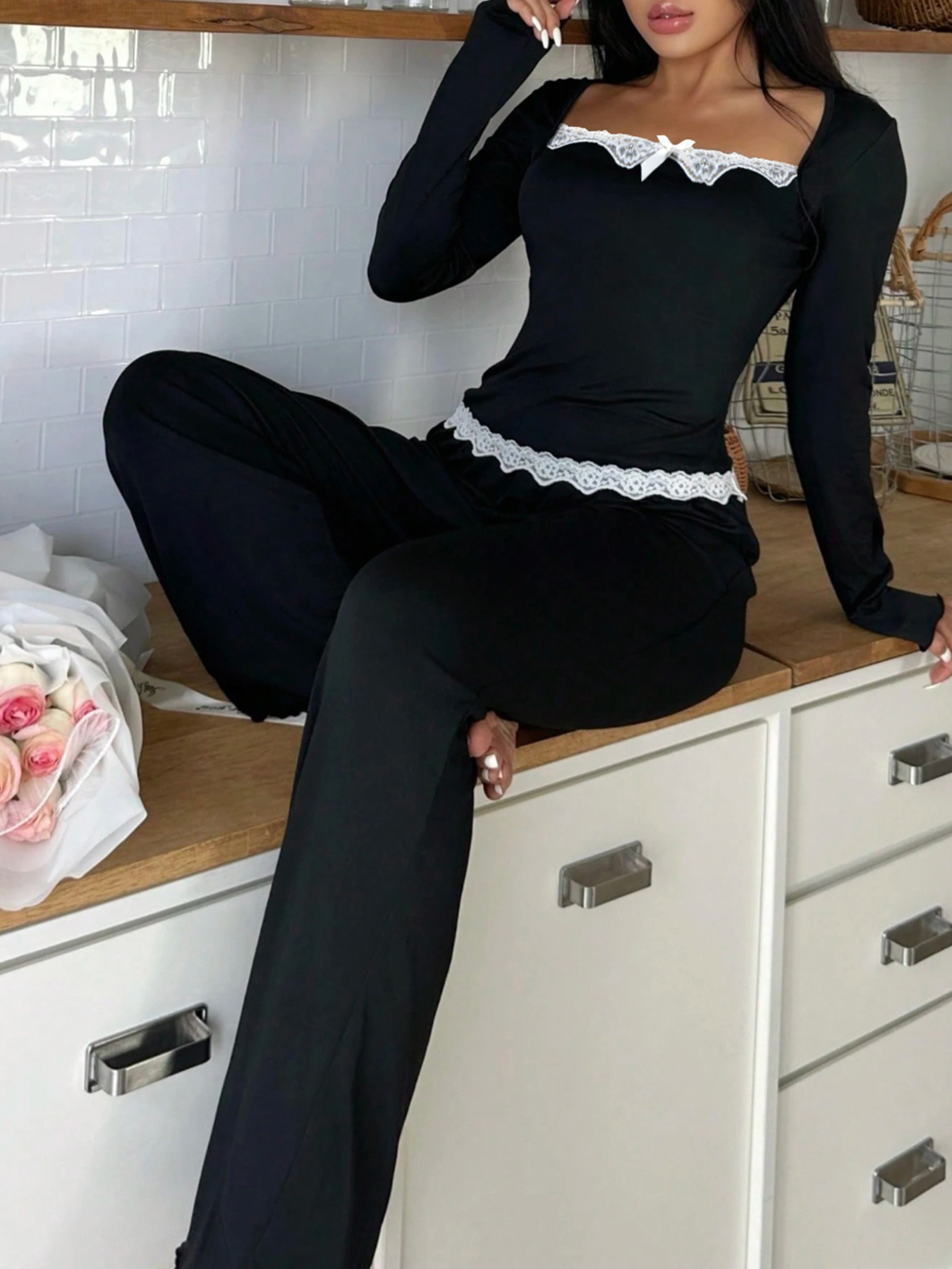 Woman's Black Lace Embellished Long-Sleeve Loose Wide-Leg Pants Comfortable Loungewear Two-Piece-Aegean-sea