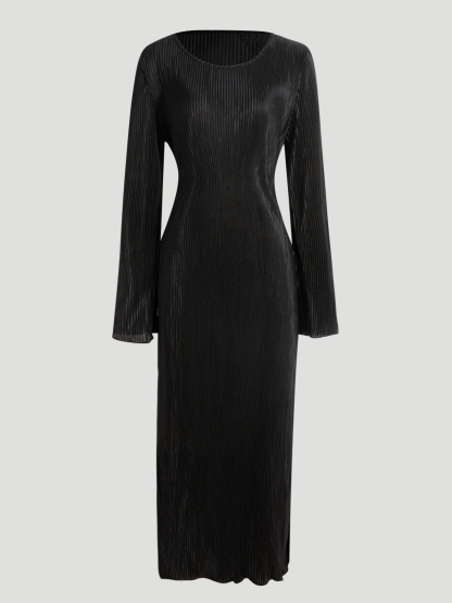 Woman's Long Sleeve Maxi Dress with Bell Sleeves, Vertical Pleats and Side Slit-Aegean-sea