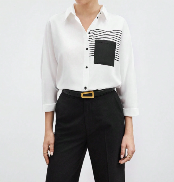 Woman's Collared Button-up Shirt with Striped & Square Patch Detail-Aegean-sea