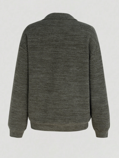 Gray Ribbed Half-Zip Polo Neck Knit Sweater-Aegean-sea