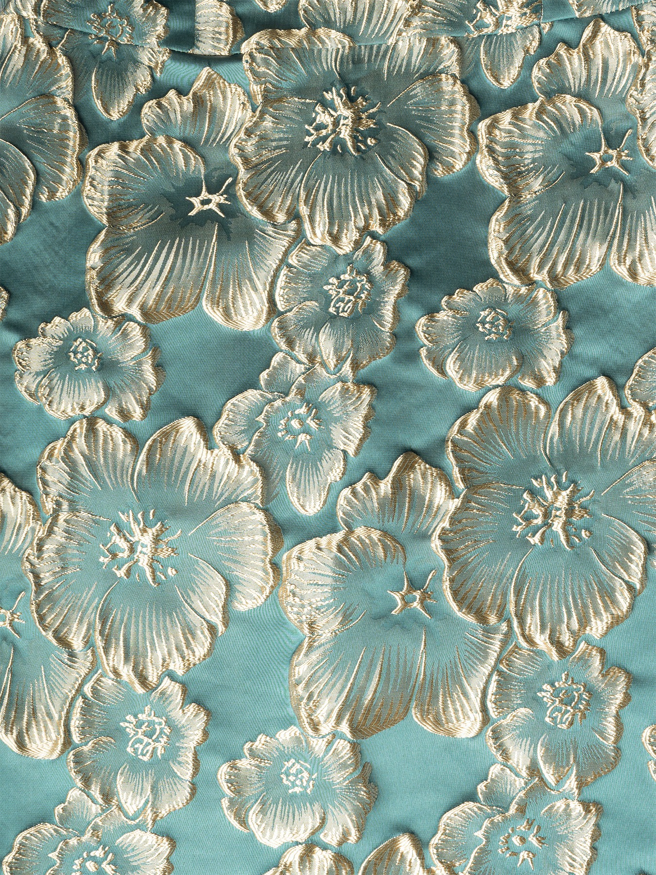 Women in flowered, bubble-sleeved, fish-tail dresses with waist-shrouding, hip-shrouding mid-skirts