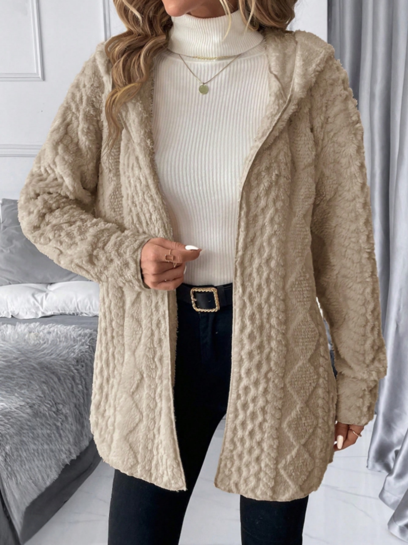 Woman's Soft Lazy Style Khaki Fleece Hooded Coat: Autumn-Winter Warm Mid-Length Textured Zip-Up Coat-Aegean-sea