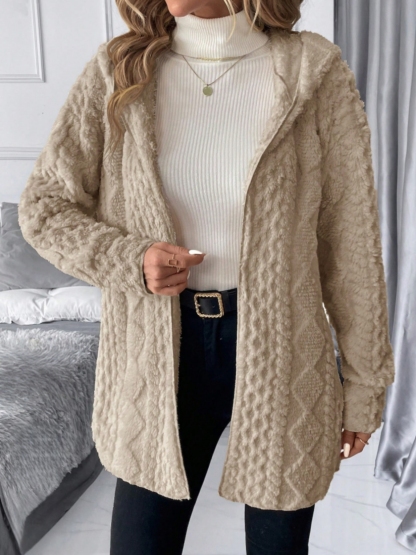 Woman's Soft Lazy Style Khaki Fleece Hooded Coat: Autumn-Winter Warm Mid-Length Textured Zip-Up Coat-Aegean-sea