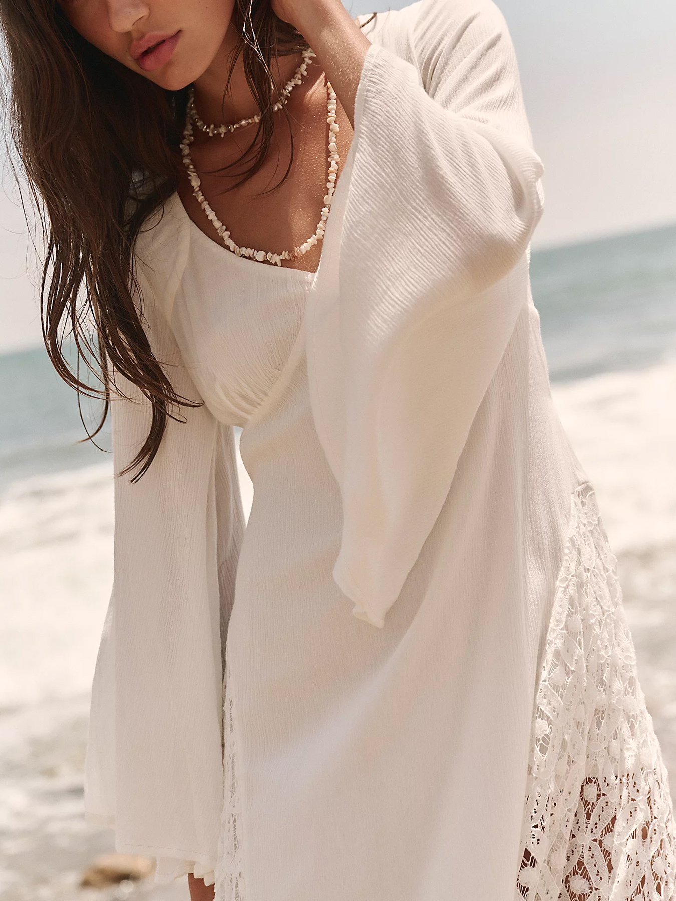 Women's Boho V Neck Long Sleeve Crochet Lace Side Maxi Dress with Tie Back