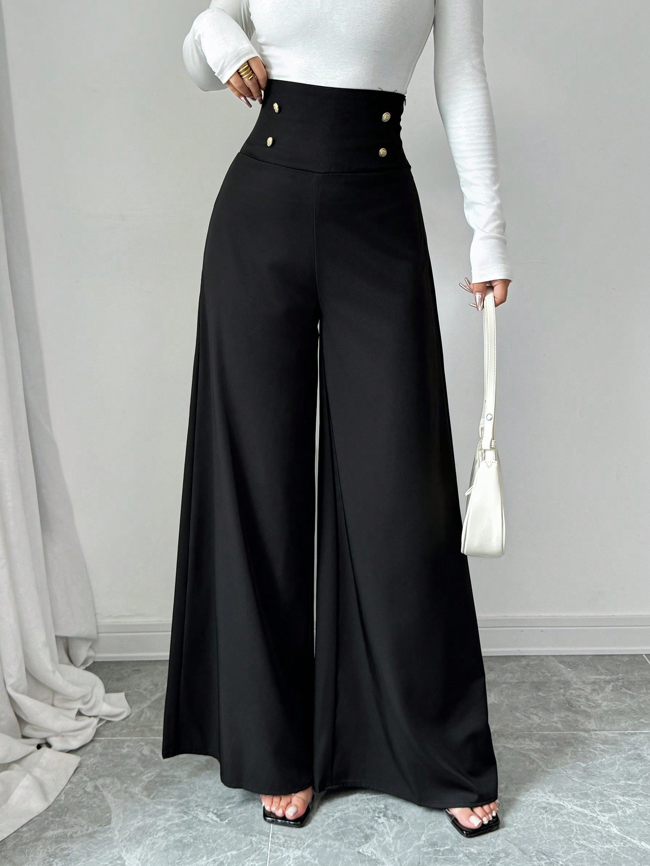 Women's Black High-Waisted Wide-Leg Pants with Gold Button Detail-Aegean-sea