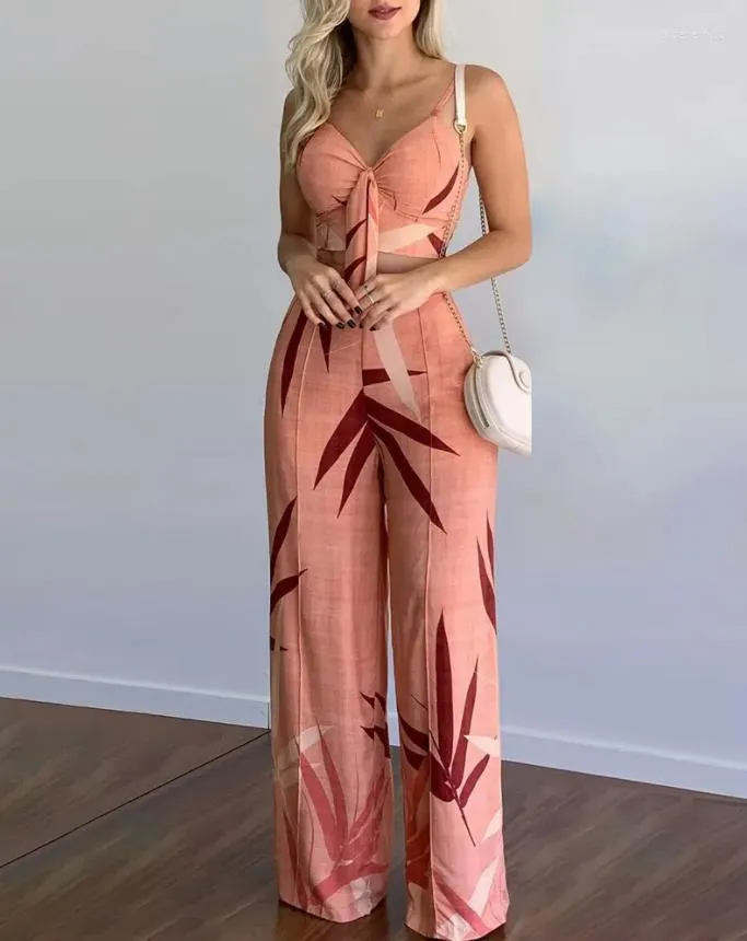 Pink Bamboo Leaf Strap Wide Legs Set, Holiday Style Two-piece Set