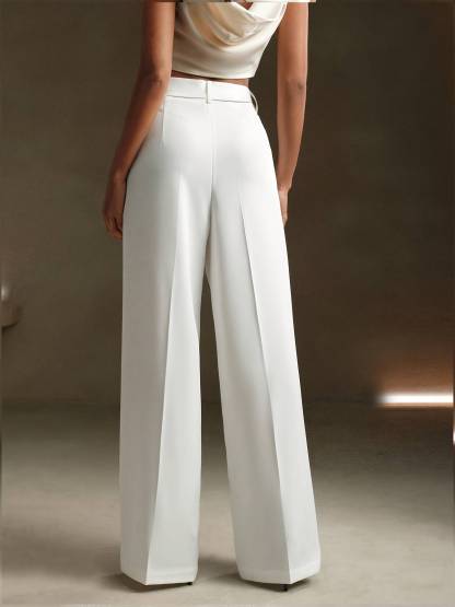 Pantalones blancos con piernas anchas y cintura alta, estilo elegante de mujer-Aegean-sea