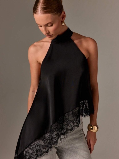 Black satin slingback vest, asymmetric lace stitching sleeveless top with asymmetric hem