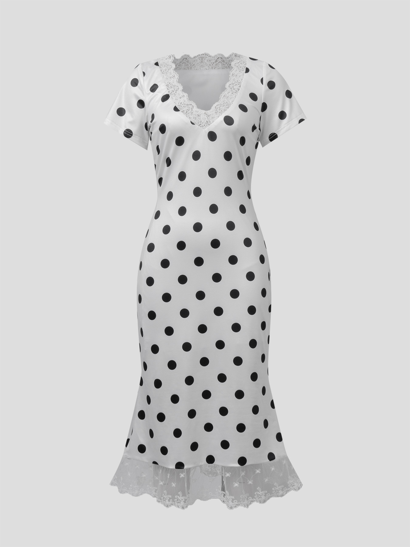 Dotted lace V-neck short-sleeved fishtail dress, party body wrap mid-length skirt