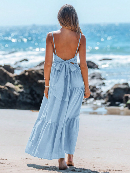 Woman's Back Bow Spaghetti Strap Tiered Maxi Dress : Loose Slimming Elegant Long Dress