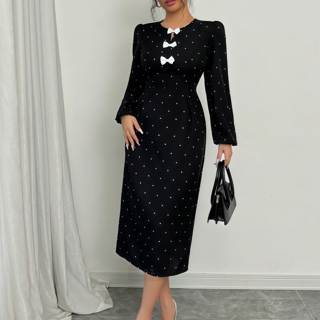 Vestido midi de mujer de polka negra con lunares blancos y mangas abullonadas-Aegean-sea