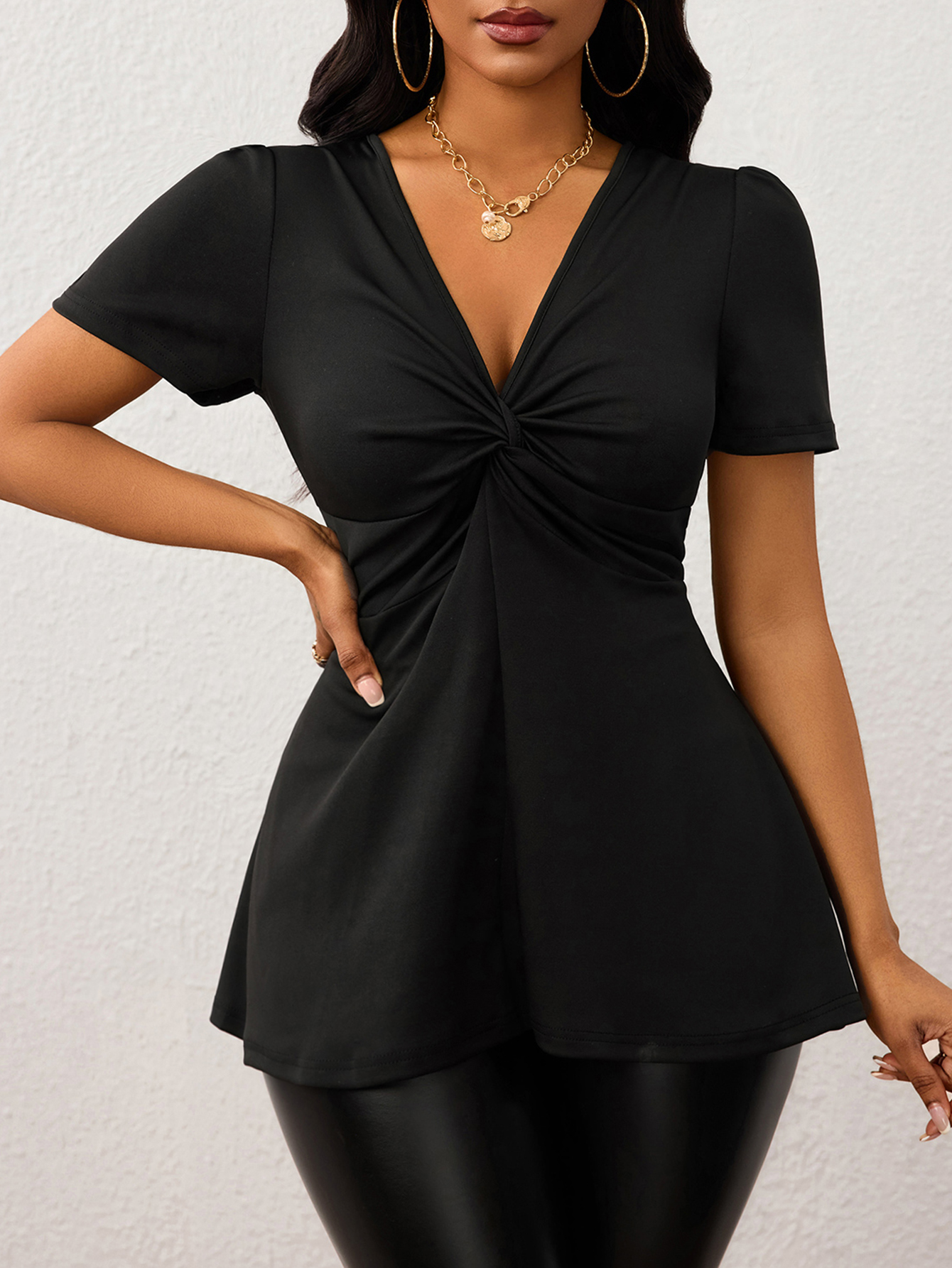 Top Peplum de cuello en V para mujer Twist Puff delantero manga corta-Aegean-sea