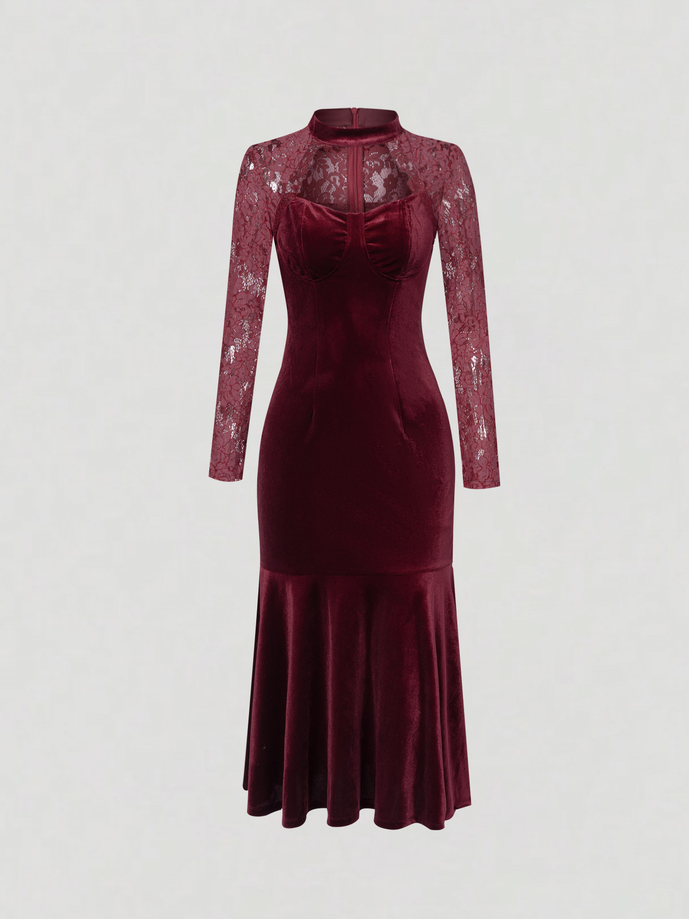 Woman's Burgundy Velvet Lace Long Sleeve Halter Sweetheart Mermaid Dress