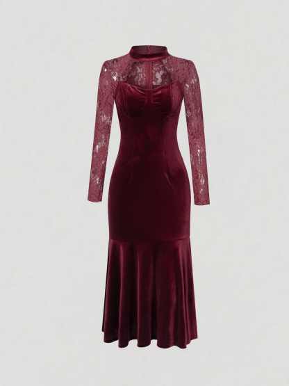 Woman's Burgundy Velvet Lace Long Sleeve Halter Sweetheart Mermaid Dress