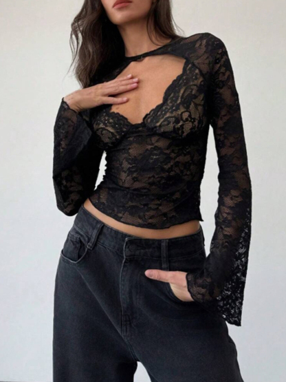 Woman's Black Lace Chest Cutout Cropped Top | Sexy Deep V Fitted Long-Sleeve Hot Girl Inner Wear-Aegean-sea