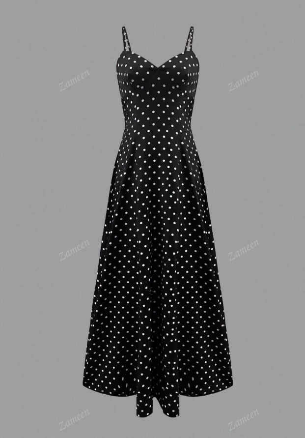 Women's Black White Polka Dot Spaghetti Strap Fit & Flare Midi Dress-Aegean-sea