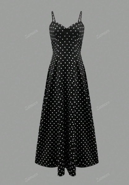 Women's Black White Polka Dot Spaghetti Strap Fit & Flare Midi Dress-Aegean-sea