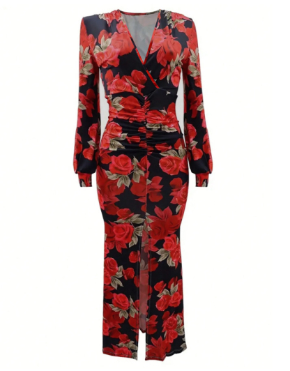 Vestido Maxi de manga larga con estampado de rosas rojas y cuello en V para mujer-Aegean-sea