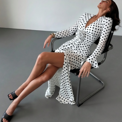 Woman's Black & White Polka Dot V-Neck Bell-Sleeve Tie-Waist Slit Maxi Dress-Aegean-sea