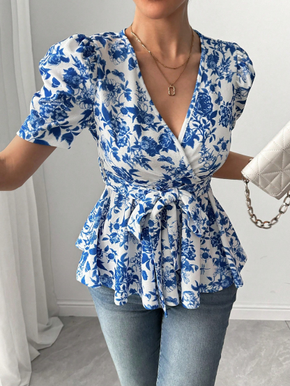Women's Blue Floral Print Wrap Blouse - V-Neck Puff Sleeve Belted Peplum Top