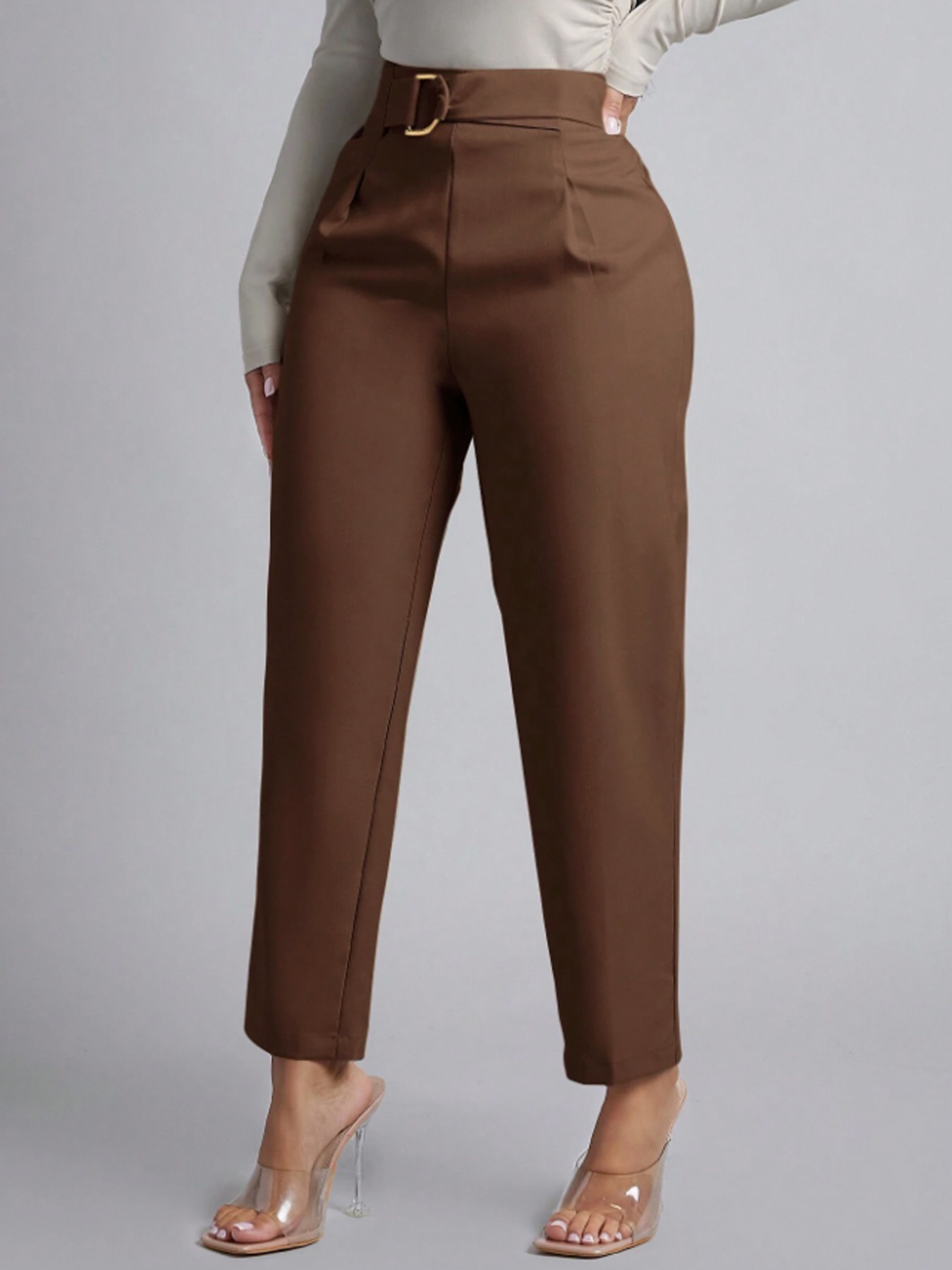 Women's Elegant High Waisted Pleated Tapered Pants with D-Ring Belt