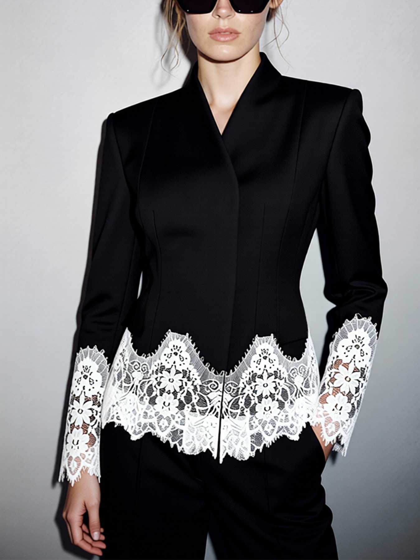 2026 Spring/Summer New Arrival: Elegant Commuter-Style Long-Sleeved Slim-Fit Stand Collar Lace-Trimmed Color-Blocked Blazer