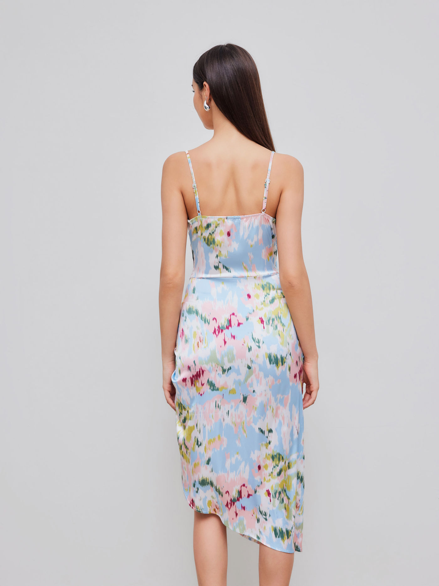 Woman's Pastel Abstract Print Satin Slip Dress with Ruched Detail