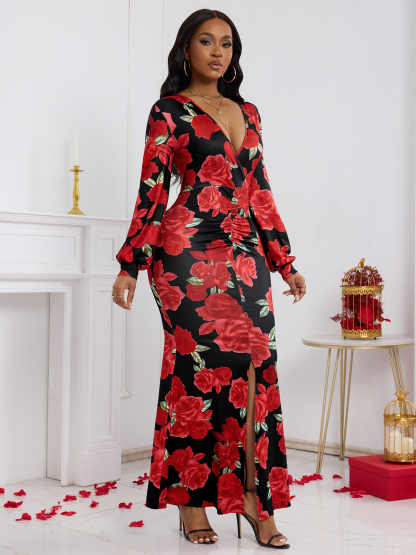 Vestido Maxi de manga larga con estampado de rosas rojas y cuello en V para mujer-Aegean-sea
