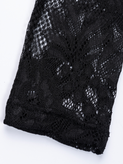 Woman's Black Mock Neck Sheer Lace Long Sleeve Ruched Mermaid Dress