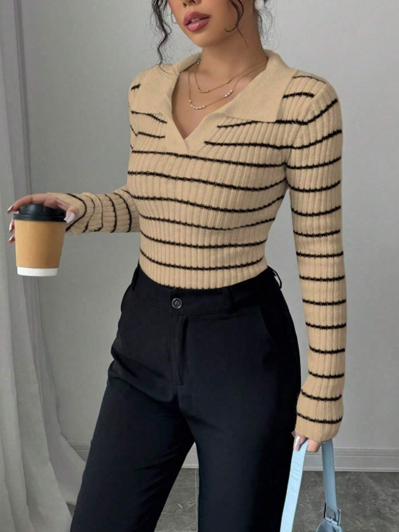 Polo de mujer a rayas beige y negro Camiseta de manga larga de punto ribeteado-Aegean-sea