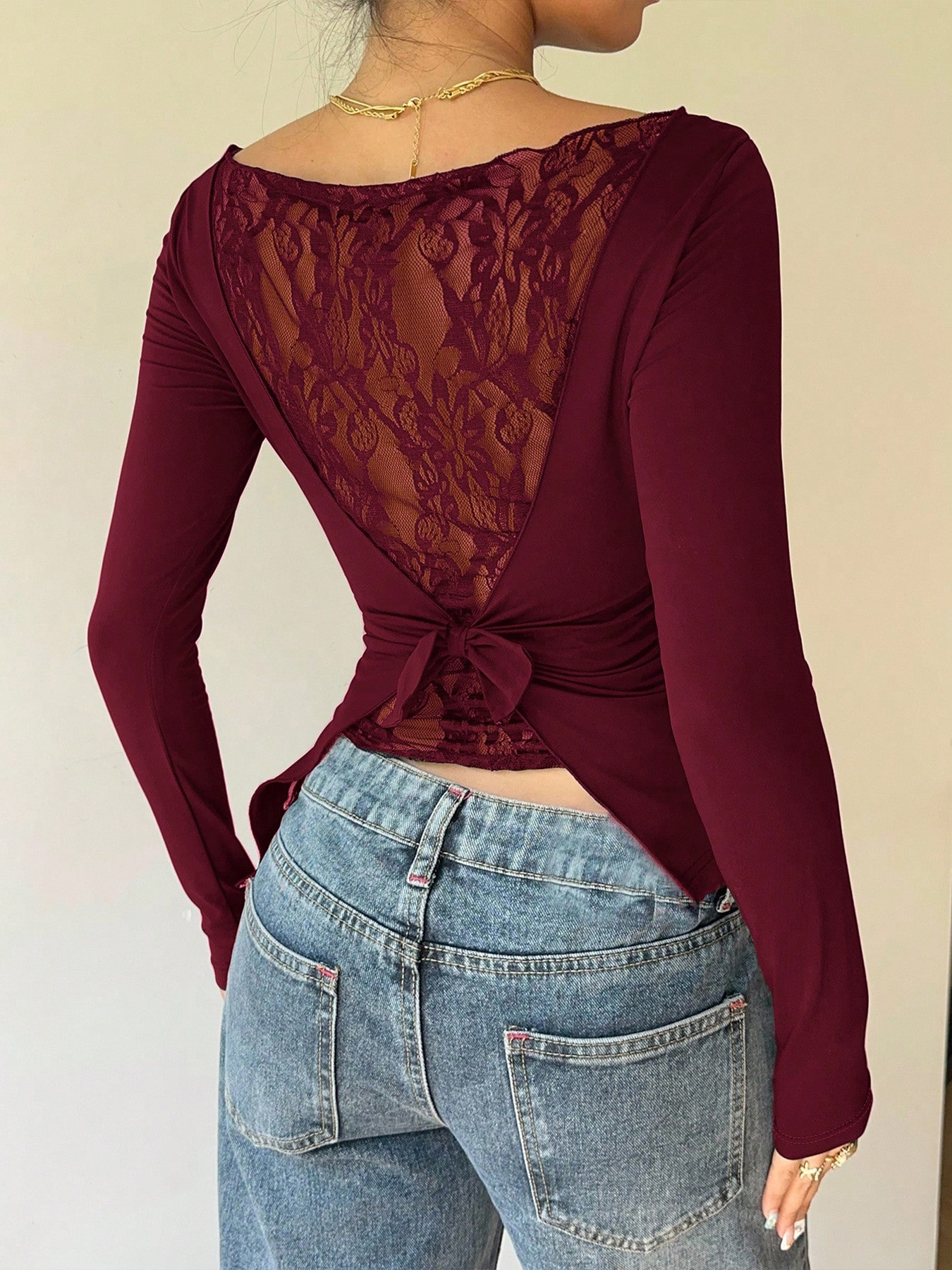 Women's Burgundy Long-Sleeve Off-the-Shoulder Back Lace Cutout Bow-Accent Fitted Blouse