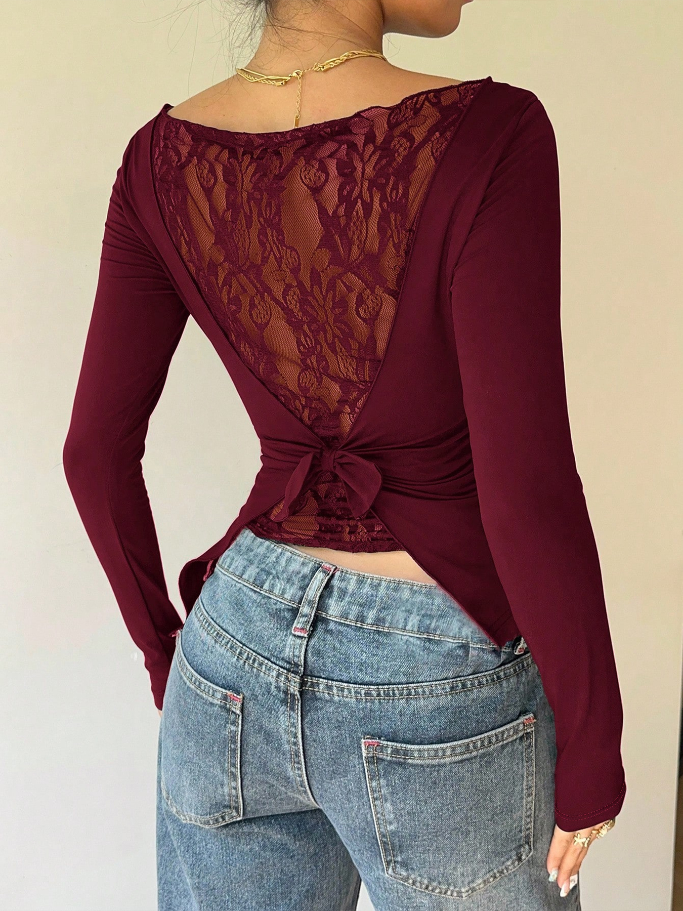 Women's Burgundy Long-Sleeve Off-the-Shoulder Back Lace Cutout Bow-Accent Fitted Blouse