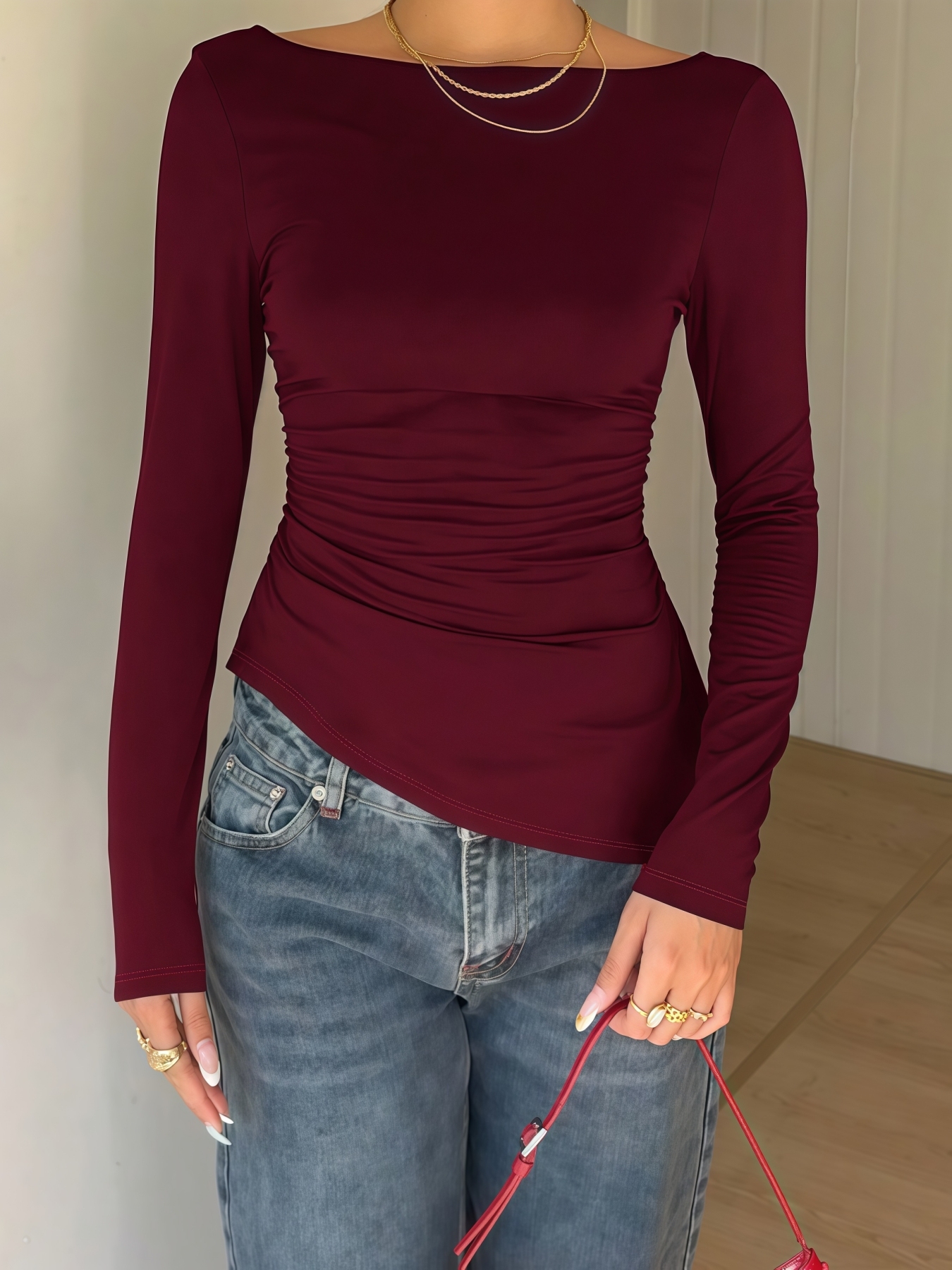 Women's Burgundy Long-Sleeve Off-the-Shoulder Back Lace Cutout Bow-Accent Fitted Blouse