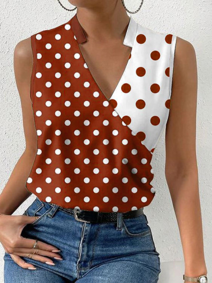 Woman's Brown & White Polka Dot Sleeveless Top - Asymmetric V-Neck Color Block Blouse-Aegean-sea
