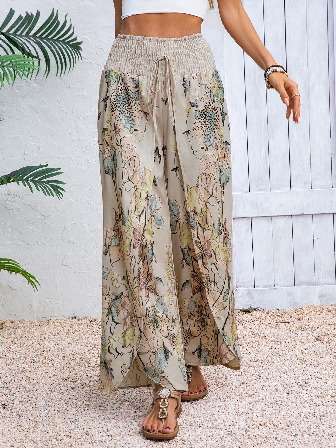 Women's Floral Print Smocked Waist Wide Leg Pants-Aegean-sea