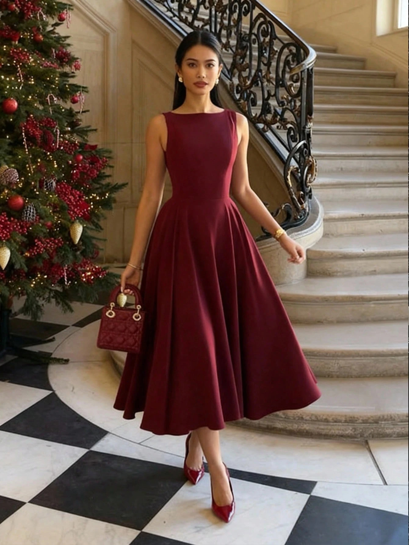 Wine-red boat-collared sleeveless mid-length skirt with flowing waist, a high-end banquet-style dress