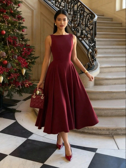 Wine-red boat-collared sleeveless mid-length skirt with flowing waist, a high-end banquet-style dress