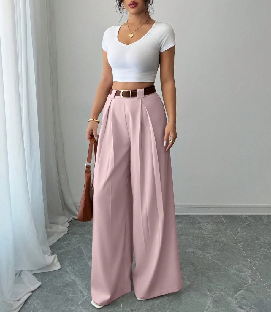 Pantalones anchos de cintura alta de color rosa para mujer-Aegean-sea