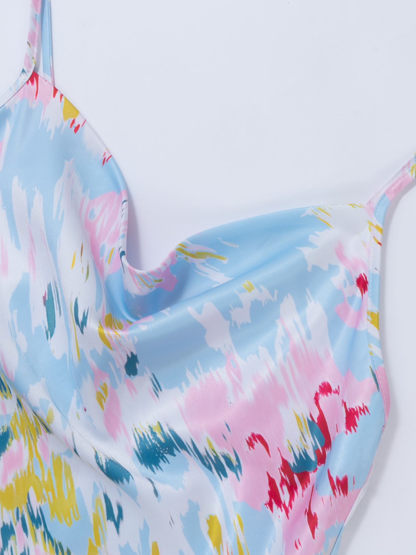 Woman's Pastel Abstract Print Satin Slip Dress with Ruched Detail