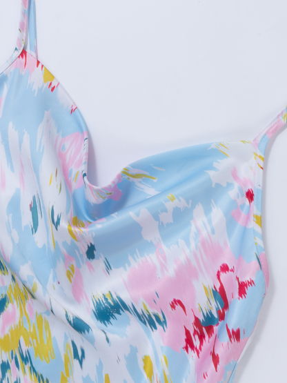 Woman's Pastel Abstract Print Satin Slip Dress with Ruched Detail