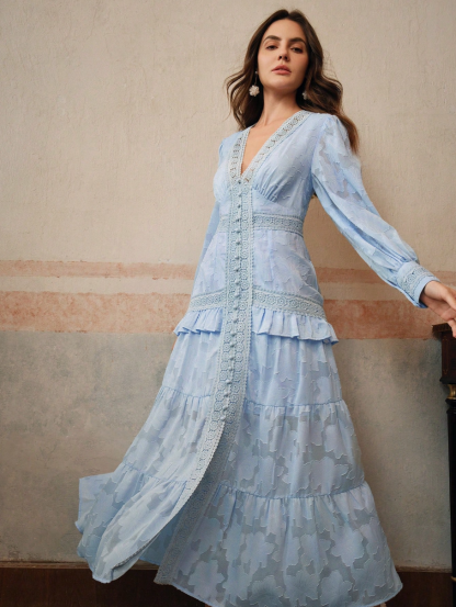 Women's V-Neck Puff Sleeve Tiered Maxi Dress - Lace Trim Embroidered Boho Gown