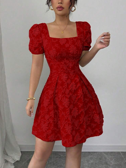 Red square neck floral print puff sleeve dress