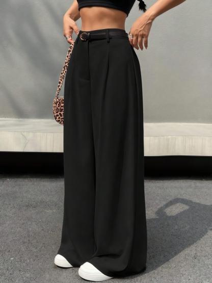 Woman's  Office Casual Style Black High-Waisted Wide-Leg Suit Pants -Aegean-sea