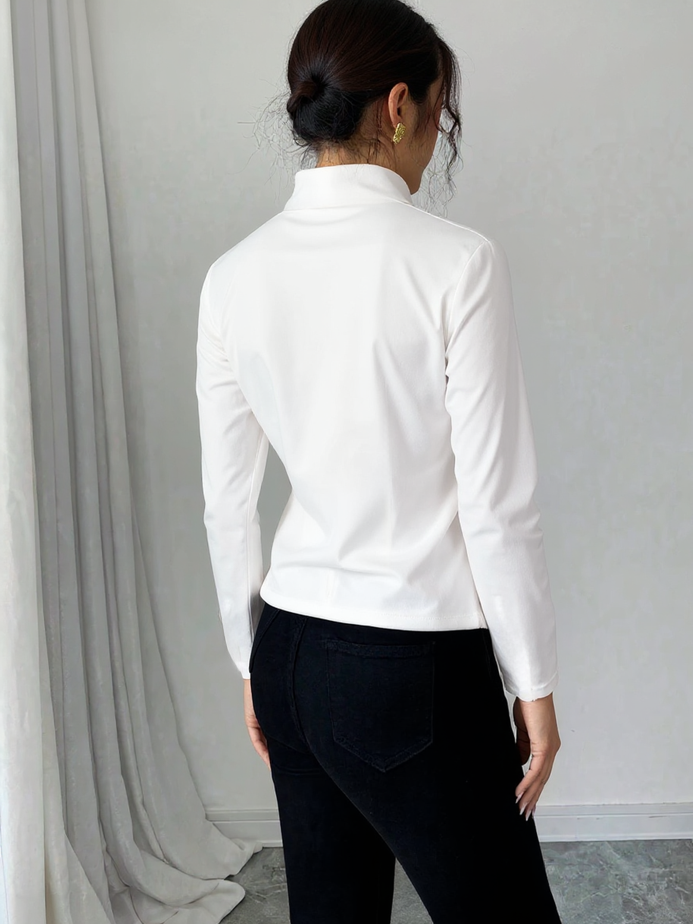 Slim Fit Half-Zip Mock Neck Long Sleeve Blouse - Women's Everyday Basic Top-Aegean-sea