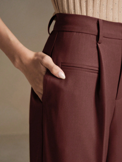 Dark brown-red high-waisted wide-legged pants Drop-down pleated loose pants Work-to-work casual suit pants